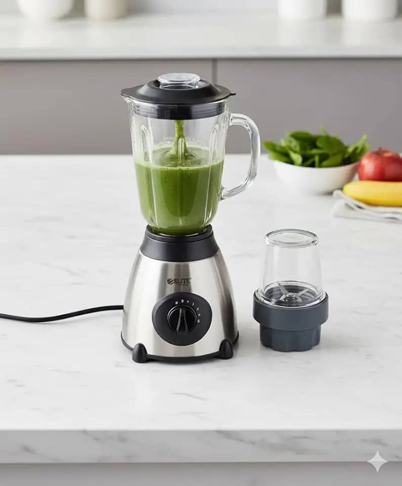 Liquidificador de Mesa Triturador de Gelo com Moedor Blender, 5 Velocidades, Jarra de Vidro 1.7L, 4 Lâminas em Aço Inox, Base em Prata e Preto, Tomada Dois Pinos 127V