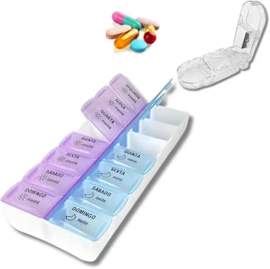 Kit Organizador Caixa Porta Comprimidos Semanal Manhã e Noite Remédio Cápsulas + Cortador de Comprimido Diário Lâmina Afiada e Resistente Corta e Armazena Medicamentos