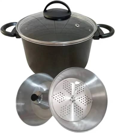 Panela 3 Em 1 Tampa de Vidro Forma Pudim Banho Maria Cozimento Vapor Cuscuz Antiaderente (Preto)