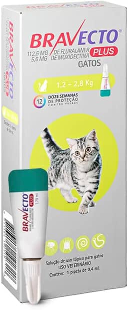 Bravecto® Plus Gatos Transdermal112,5mg - Antipulgas, Sarna de ouvido, Vermes intestinais - Gatos de 1,2 a 2,8kg - 1 Pipeta 0,4ml - MSD Saúde Animal