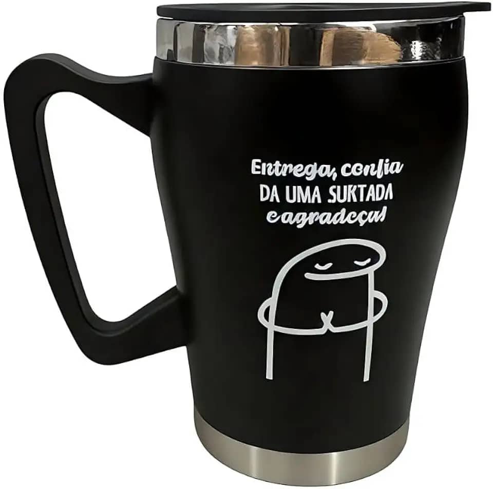 Caneca Térmica com Tampa Giratoria 360ml Aço Inox Preta com Estampas Sortidas Cafe e Gelados