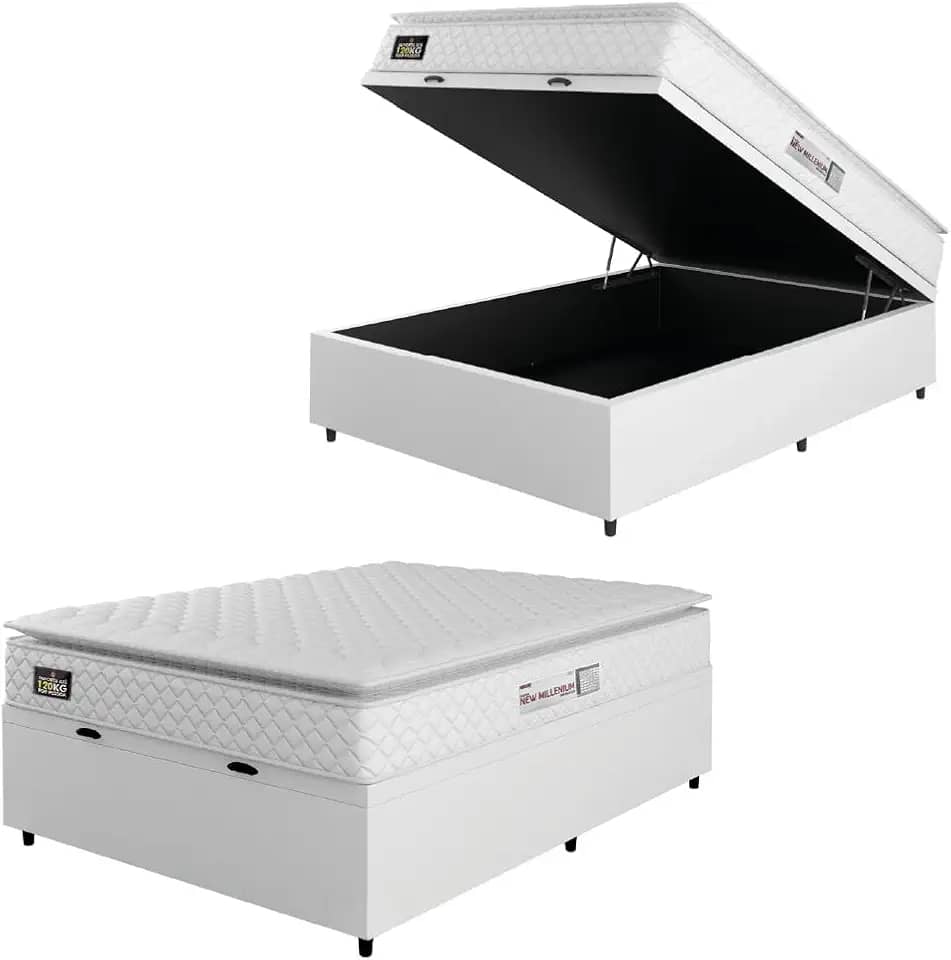Cama Box Baú Colchão Espuma D33 Pillow Top New Millenium Branco Hellen – Suporta Até 120 Kg Por Pessoa (Casal 138x188x60cm)