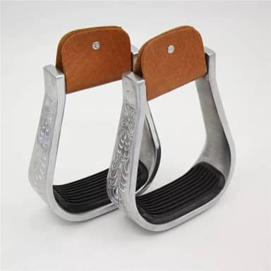 Juhua Par de estribos de sela de cavalo ocidental em couro de alumínio gravado