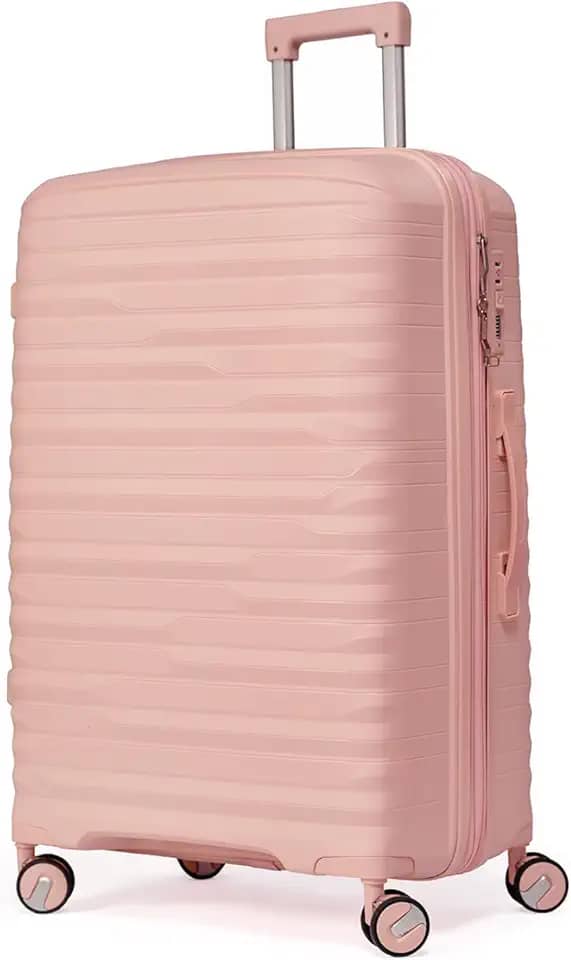 Mala De Viagem Grande Expansível 32Kg Polipropileno 8 Rodas 360 Giratória Para Despachar Rígida Leve Tamanho G Viagem Internacional Resistente (ROSA CLARO, Grande)