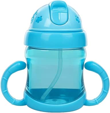 Garrafa de Treinamento Infantil 220ml com Canudo Retrátil – Antivazamento, Alças Laterais, Plástico Azul