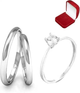 Alianças Par 4mm Prata Inoxidavel com Caixa de Veludo e Anel Solitário Anatomicas Compromisso Namoro