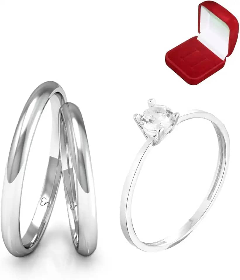 Alianças Par 4mm Prata Inoxidavel com Caixa de Veludo e Anel Solitário Anatomicas Compromisso Namoro