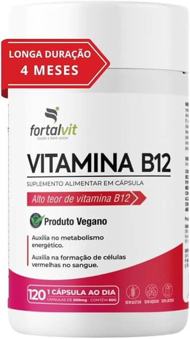 Vitamina B12 Ativa (metilcobalamina) Longa Duração: 4 Meses de Uso, Cápsulas Vegana, 120 Cápsulas,Fortalvit