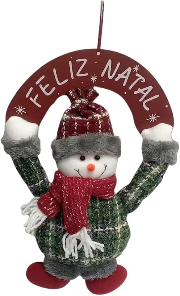 Guirlanda Decorativa de Natal, Boneco de Neve com Placa 'Feliz Natal', 26 x 35 cm (Neve)