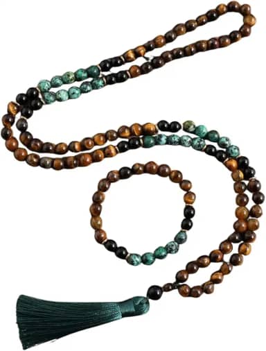 Japamala 108 Contas em Pedras Naturais – 'Turquesa Africana', Ônix Preto e Olho de Tigre – Meditação, Proteção e Equilíbrio + Pulseira – Acompanha Bolsa de Veludo