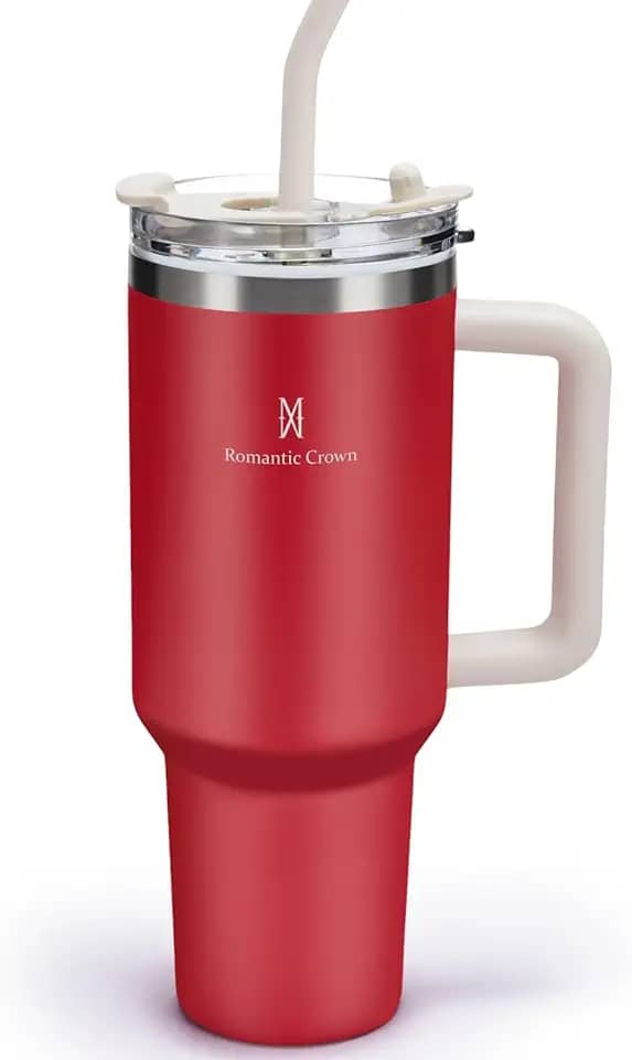 Romantic Crown Copo Térmico com Canudo Tampa e Alça 1,18L, Cops Garrafas Termico para viagem vácuo dupla camada aço inoxidável, Caneca Termica Cafe Água Chá,Presente, Fitness (Vermelho)