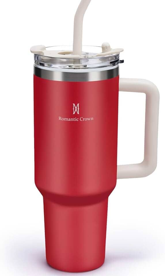 Romantic Crown Copo Térmico com Canudo Tampa e Alça 1,18L, Cops Garrafas Termico para viagem vácuo dupla camada aço inoxidável, Caneca Termica Cafe Água Chá,Presente, Fitness (Vermelho)