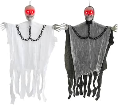 Kit 2 Caveiras Suspensas Fantasmas Preto e Branco com Luz LED Vermelha – Decoração Halloween, Enfeite Assustador para Casa, Festa, Varanda e Eventos Temáticos