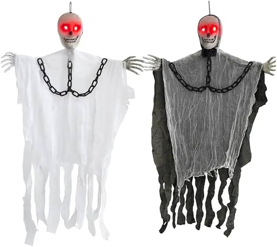 Kit 2 Caveiras Suspensas Fantasmas Preto e Branco com Luz LED Vermelha – Decoração Halloween, Enfeite Assustador para Casa, Festa, Varanda e Eventos Temáticos