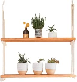 Prateleira De Madeira Suspensa Com Cordas Nicho Decorativo(2)