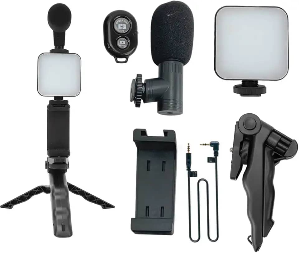 Kit de Gravação 5 em 1 para Celular – Tripé, LED, Microfone e Controle Remoto Para Blogueiro Kit de Gravação Completo para Criadores de Conteúdo