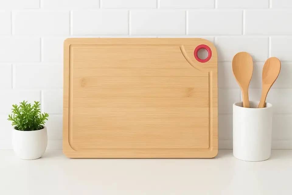 Tábua de Corte em Bambu Grande 30x35Cm Com Alça de Silicone Antibacteriana e Canaleta Para Cozinha