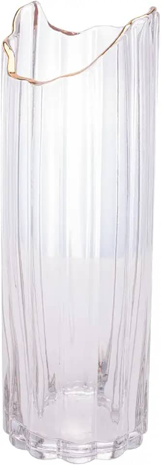 WOLFF - Vaso de Vidro Com Borda Dourada - 10cm x 30cm - Transparente - Decoração - Mesa Posta - Vasos Decorativos