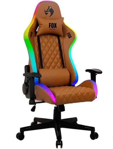 Cadeira Gamer Fox Racer até 130kgs com RGB e Iluminação LED com almofadas Reclinável Marrom