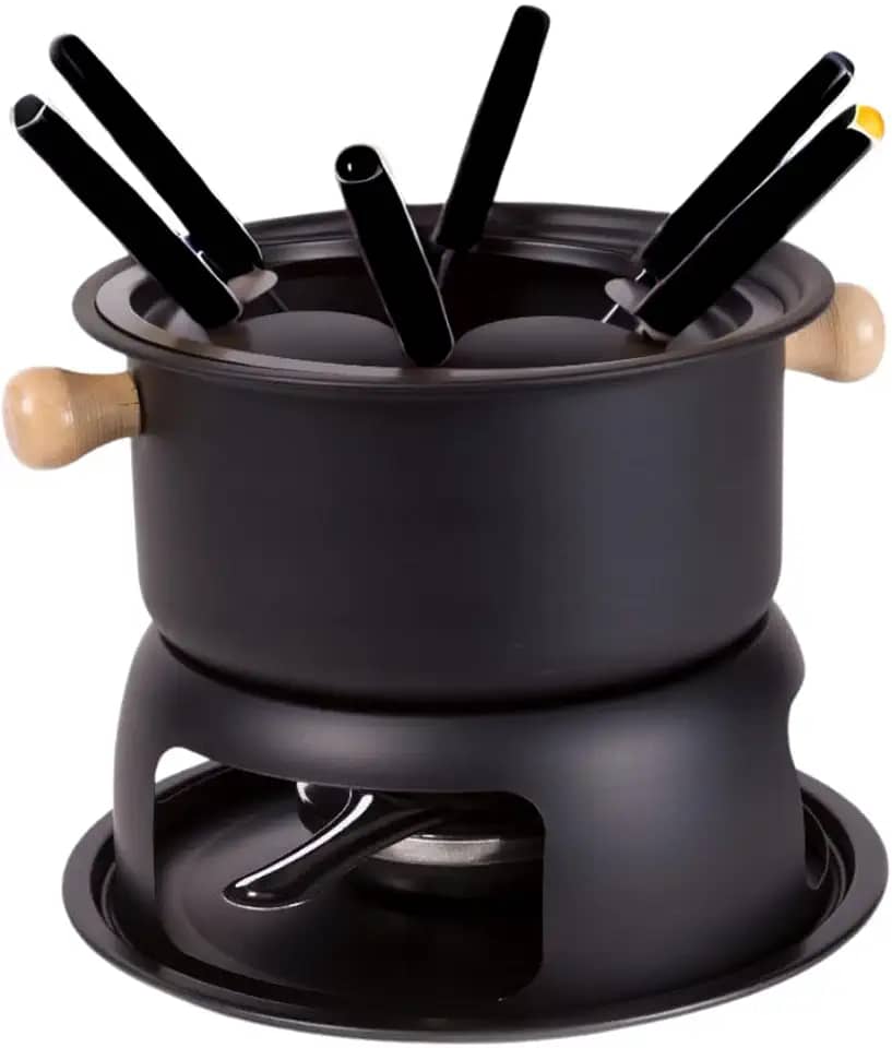 Kit Jogo Panela Conjunto Fondue 11 Peças Aço Inox e Madeira Carne Chocolate Queijo Jantar Romântico