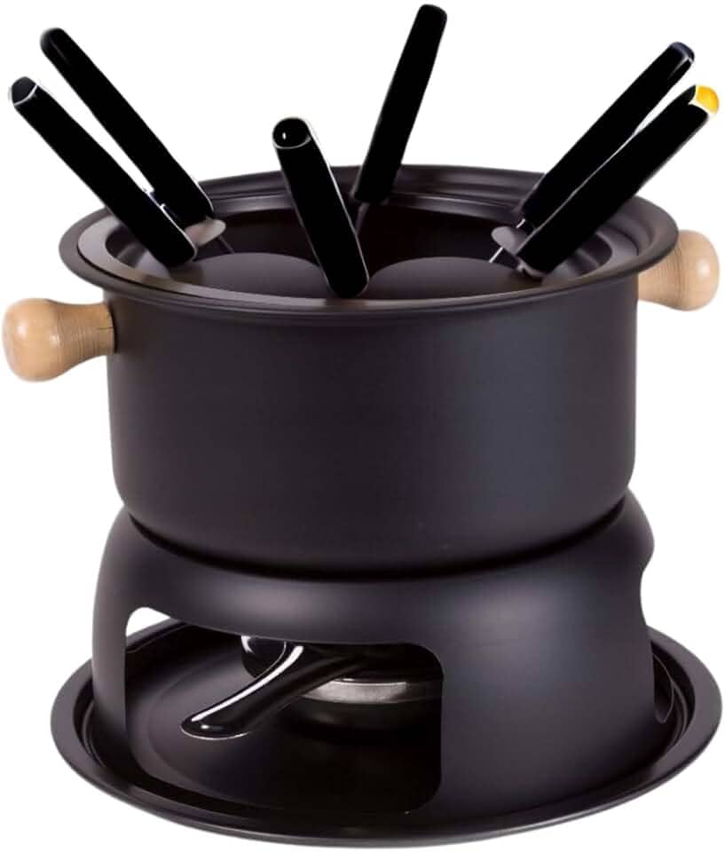 Kit Jogo Panela Conjunto Fondue 11 Peças Aço Inox e Madeira Carne Chocolate Queijo Jantar Romântico