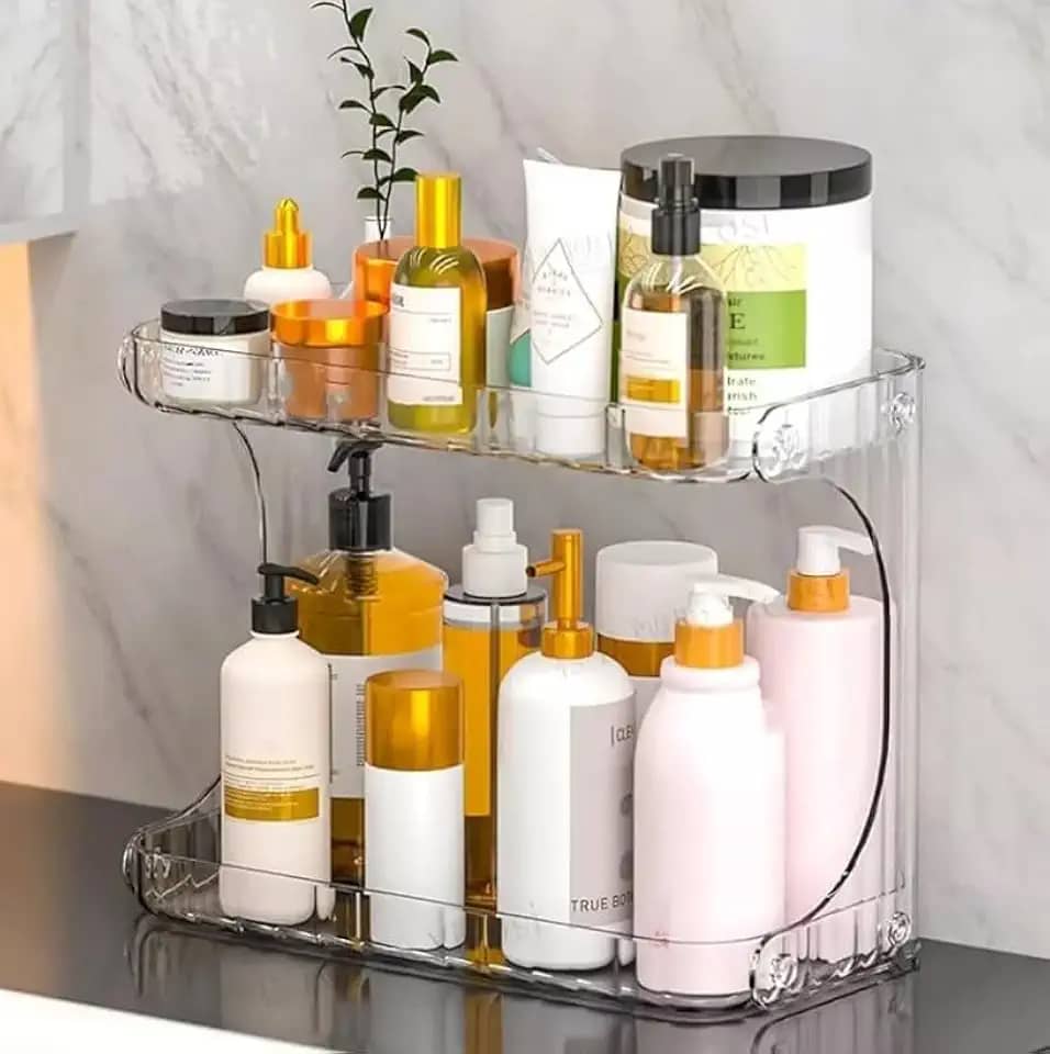 Organizador Acrílico para Make e Cosméticos – 2 Andares p/Maquiagem, Bancada de Banheiro ou Penteadeira, Suporte Transparente Resistente