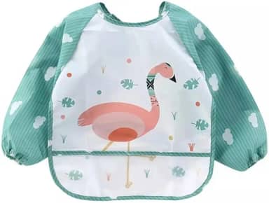 Babador Manga Longa Impermeável Cata Migalhas Animais Blw - Flamingo Rosa Maga Verde