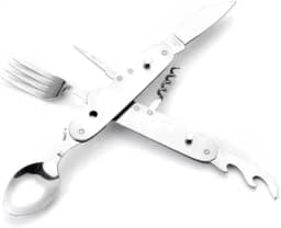 Talher Multifuncional de Aço Inoxidável 6 em 1 Acampamento e Pescaria Colher, Garfo, Faca, Saca-rolhas, Abridor e Alargador