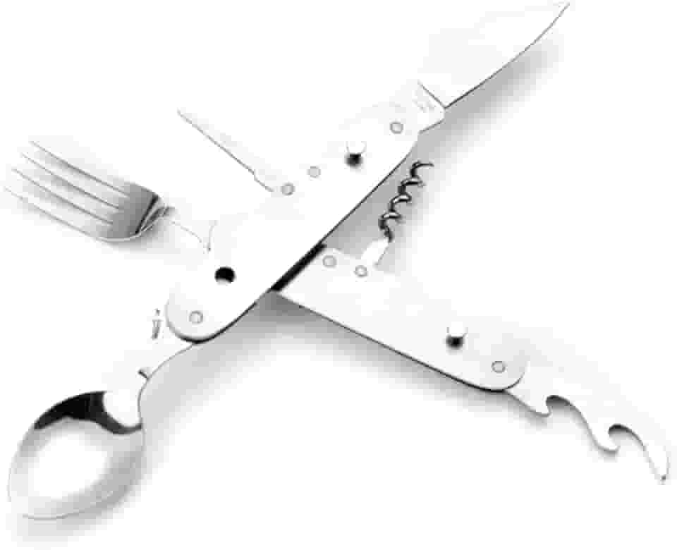 Talher Multifuncional de Aço Inoxidável 6 em 1 Acampamento e Pescaria Colher, Garfo, Faca, Saca-rolhas, Abridor e Alargador