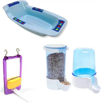 Kit Banheira + Brinquedo Espelho Com Pedra de Cálcio + Comedouro E Bebedouro Para Calopsita Agapornis e Periquito