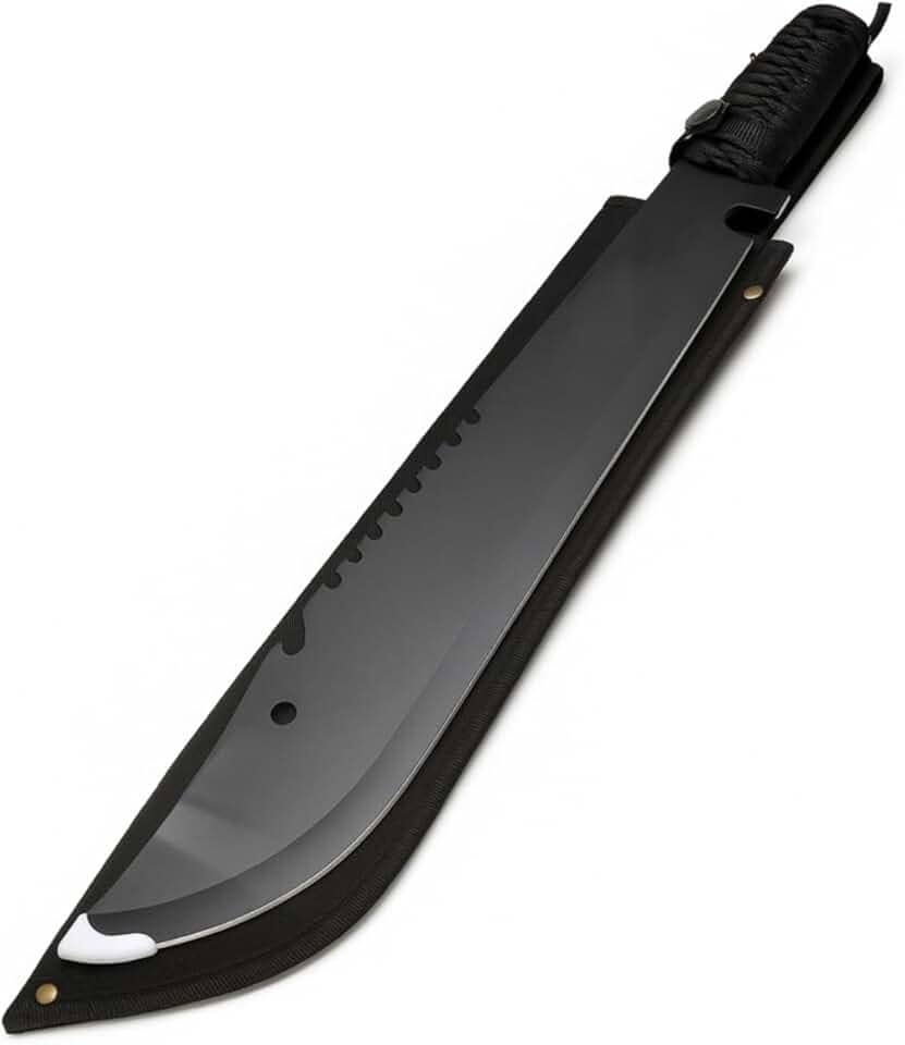 Lucena Facão Full Teng Militar Tático, Lâmina Preta 36cm em Aço Inox, Cabo 14cm, para Camping, Pesca, Trilhas, Caça, com Bainha em Poliéster