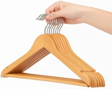 Kit 12 Cabides de Madeira de Alto Acabamento para Roupas e Calças – Resistente, Premium, com Gancho Giratório 360º Antiderrapante para Jaquetas Camisas Vestidos