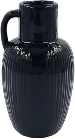 Vaso Decorativo Preto de Cerâmica com Alça 12cm Design Orgânico Moderno Canelado e Minimalista Ideal para Arranjos Florais ou Decoração de Ambientes