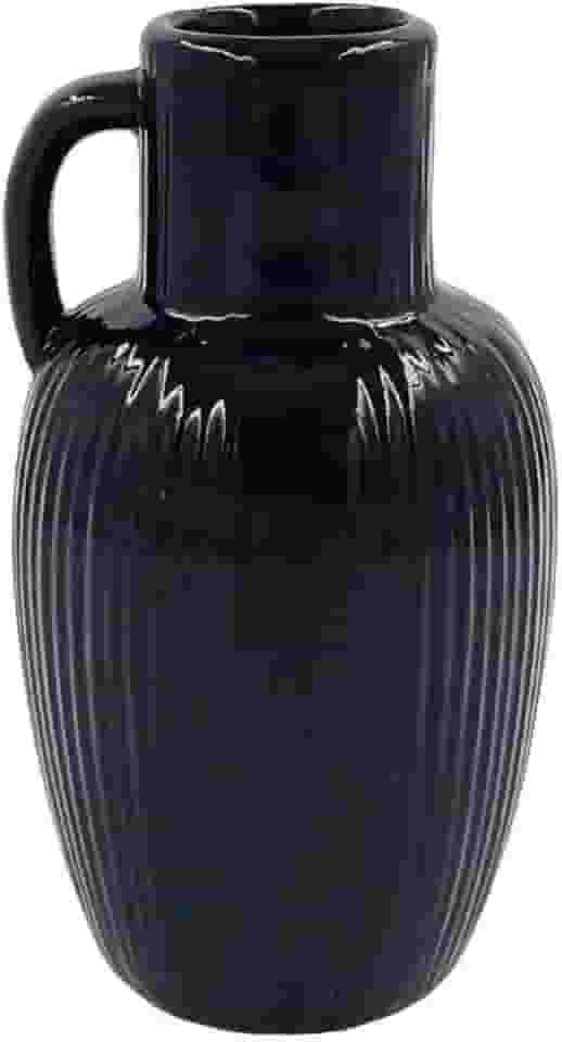 Vaso Decorativo Preto de Cerâmica com Alça 12cm Design Orgânico Moderno Canelado e Minimalista Ideal para Arranjos Florais ou Decoração de Ambientes