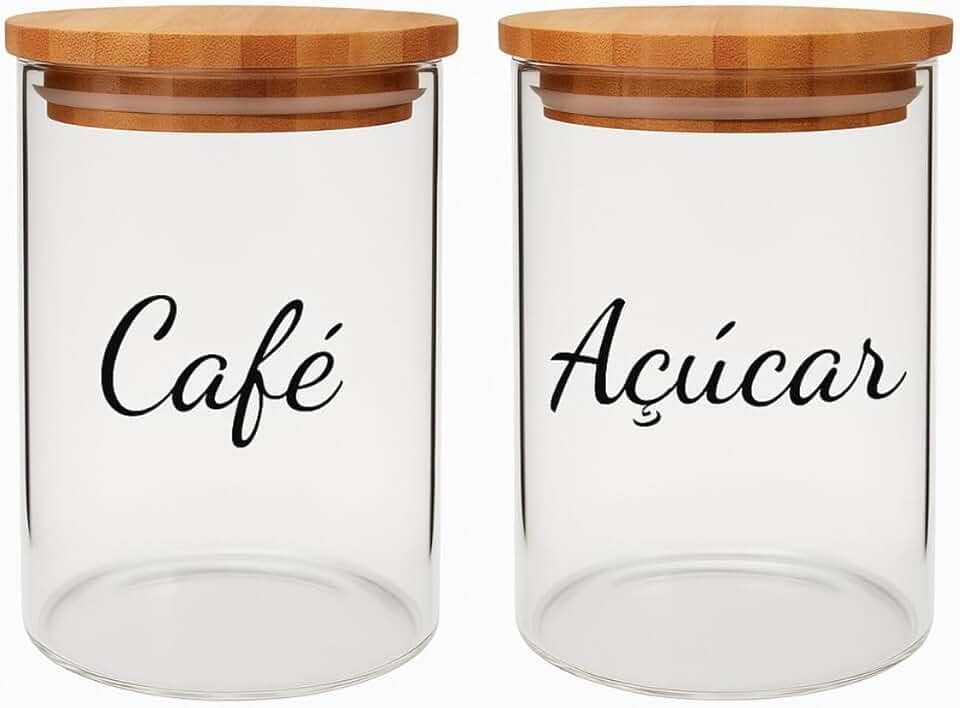 Potes Herméticos de Vidro com Tampa de Bambu 1200ml Conjunto com 2 Unidades para Café e Açúcar Transparente