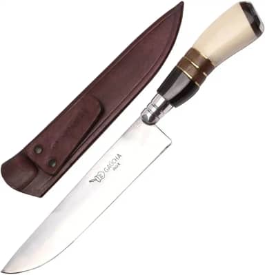 Facas Gaúcha, 1008OMC, Faca Gaúcha Churrasco 8" Cabo Curvo Chifre Madeira Osso, cor Inox, Couro