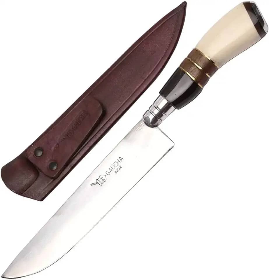 Facas Gaúcha, 1008OMC, Faca Gaúcha Churrasco 8" Cabo Curvo Chifre Madeira Osso, cor Inox, Couro