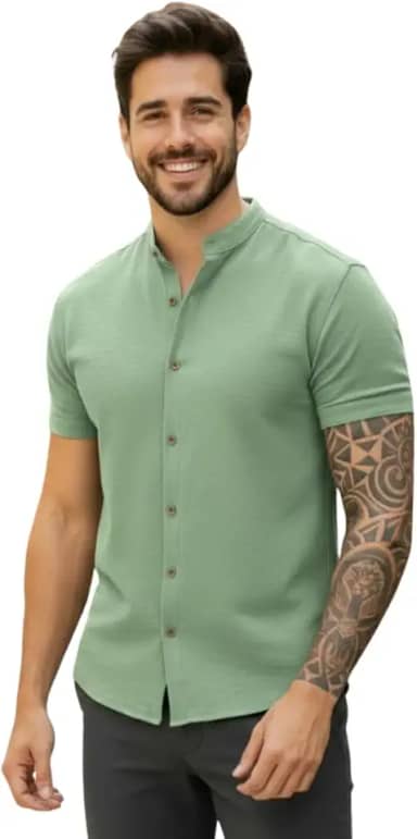Camisa Social Masculina Manga Curta Gola Padre Elegante e Versatil Tendencia Verão e Final de Ano