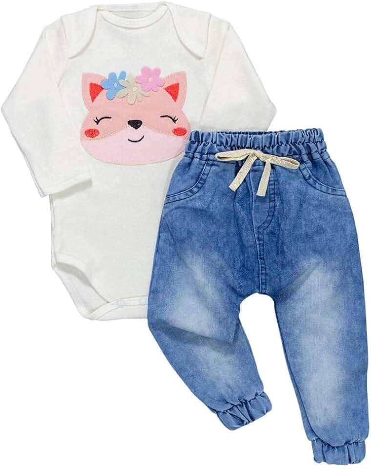 Conjunto Bebê Body Bordado Manga Longa com Calça Jeans ou Calça Ecolinho Sustentável - Era Uma Vez 0-12 Meses