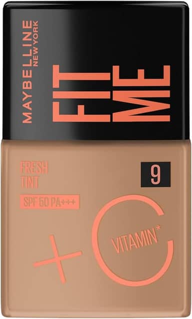 Maybelline NY Fit Me Fresh Tint Base Líquida, Proporciona Efeito Glow Natural, Controla a Oleosidade e Uniformiza a Pele com Vitamina C e FPS 50, Cor 09, 30ml
