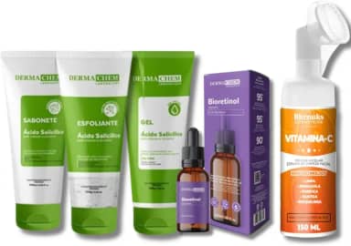 Kit Skincare Anti Acne e Oleosidade Sabonete + Esfoliante + Gel Hidratante + Mousse Micelar Limpeza Facial Vitamina C 150ml + Sérum Bioretinol Efeito Peeling 30ml - 5 ITENS