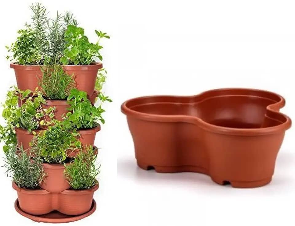 5 Vasos Empilhável Modular Trevo, Terracota, para Horta Vertical e Jardim