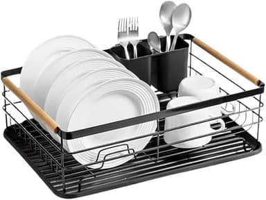 Escorredor de Louça de Aço Preto com Alças de Madeira – Suporte 9 Pratos + Porta Talheres – Design Elegante e Moderno