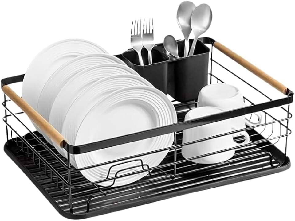 Escorredor de Louça de Aço Preto com Alças de Madeira – Suporte 9 Pratos + Porta Talheres – Design Elegante e Moderno