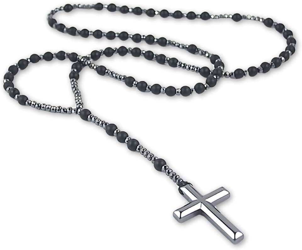 Terço Espiritual em Pedra Hematita Unissex Premium Black - Força e Proteção Pessoal + Bolsa de Veludo