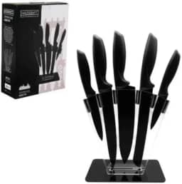 Jogo Com 5 Facas Inox Preto Fosco - Suporte Em Acrílico Para Cozinha Moderna | Aço Inox Afidado, Cepo com Bloqueio e Base Estável
