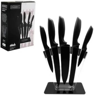 Jogo Com 5 Facas Inox Preto Fosco - Suporte Em Acrílico Para Cozinha Moderna | Aço Inox Afidado, Cepo com Bloqueio e Base Estável