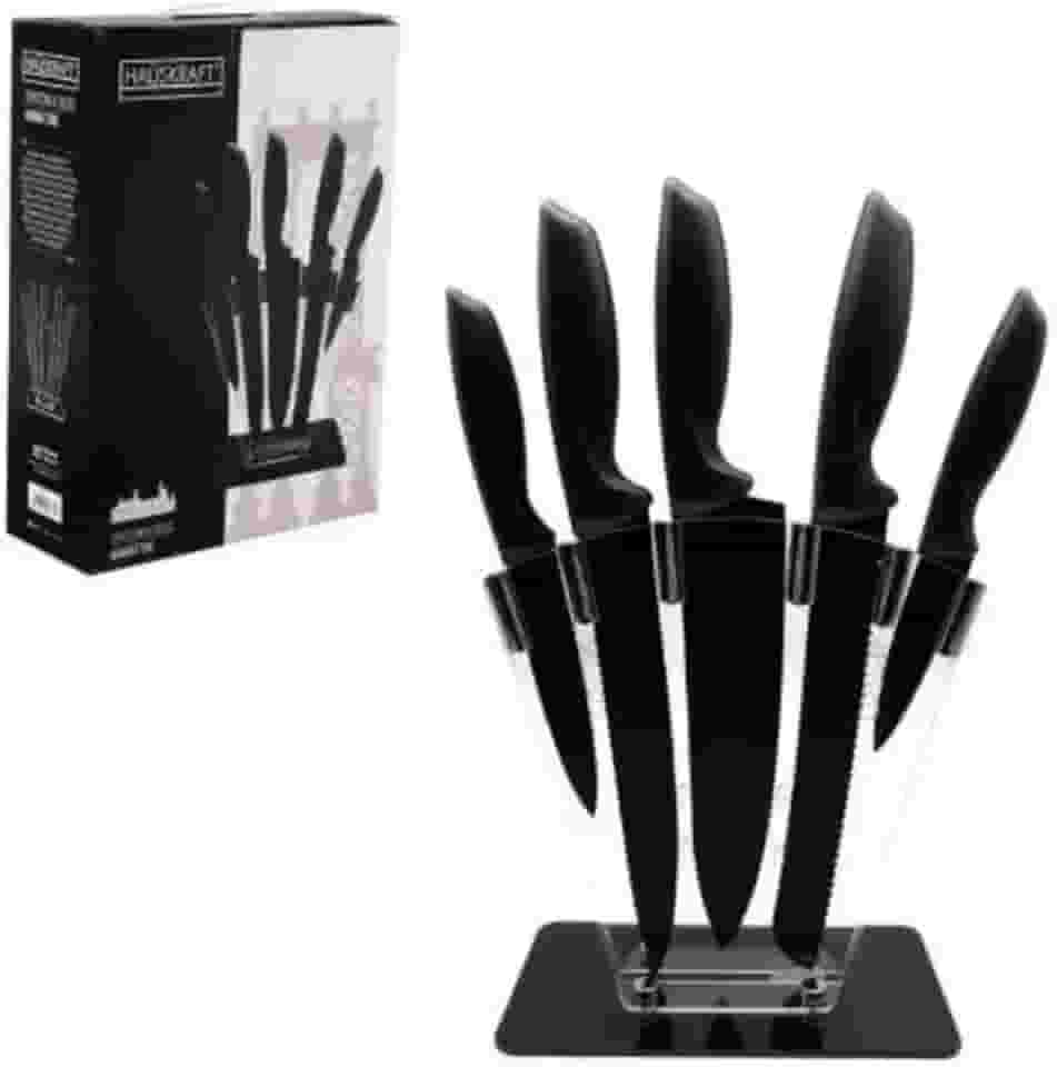 Jogo Com 5 Facas Inox Preto Fosco - Suporte Em Acrílico Para Cozinha Moderna | Aço Inox Afidado, Cepo com Bloqueio e Base Estável