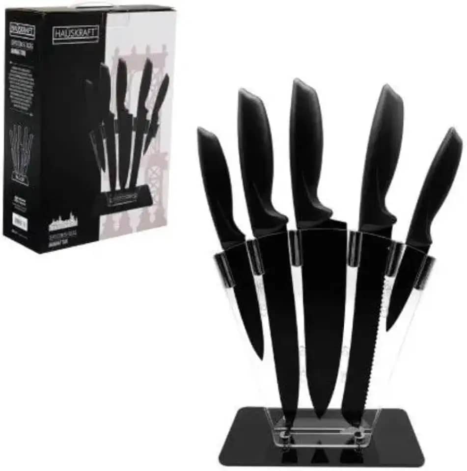 Jogo Com 5 Facas Inox Preto Fosco - Suporte Em Acrílico Para Cozinha Moderna | Aço Inox Afidado, Cepo com Bloqueio e Base Estável