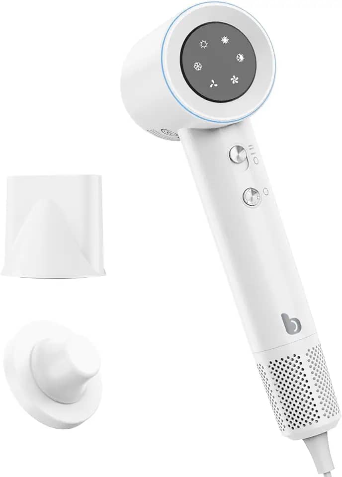 GOKOCO Secador De Cabelo Profissional 220v, 120000 RPM High Speed Hair Dryer 1600W com Display Digital LED e Bocal de ar Magnético, Branco